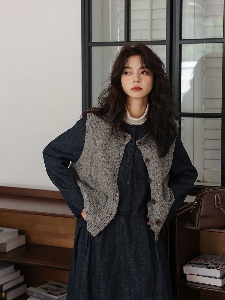 Sweater Vest and Denim Smock Dress Set