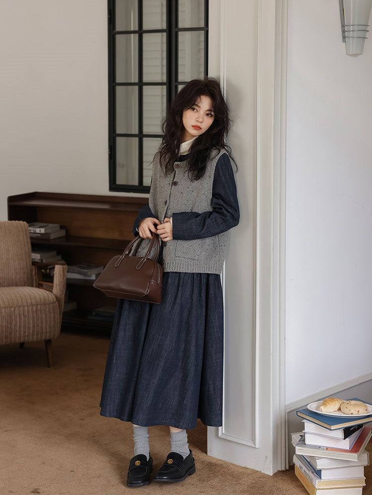 Sweater Vest and Denim Smock Dress Set