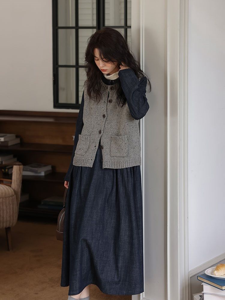Sweater Vest and Denim Smock Dress Set