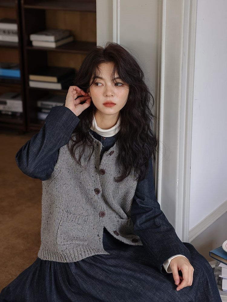 Sweater Vest and Denim Smock Dress Set