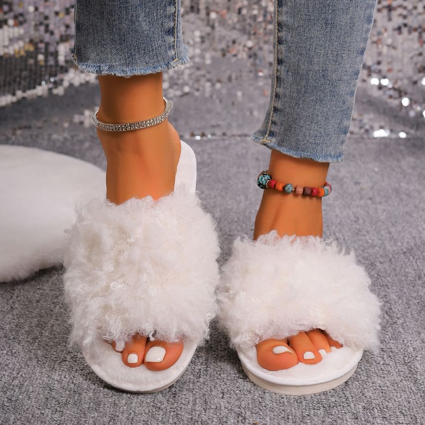 Plain Fluffy Flat Slide Sandals