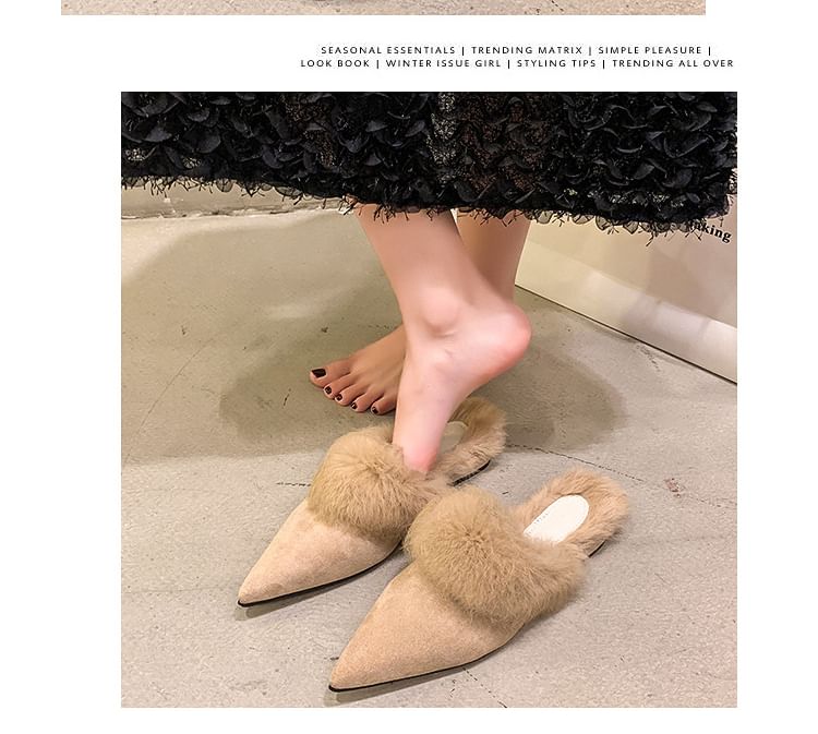 Low Heel Pointed Toe Fleece-Lined Mules