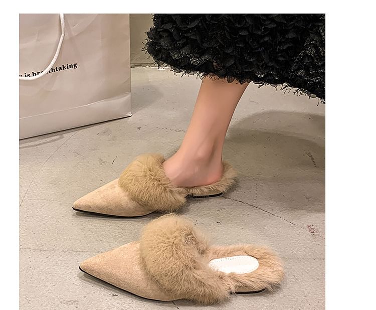 Low Heel Pointed Toe Fleece-Lined Mules