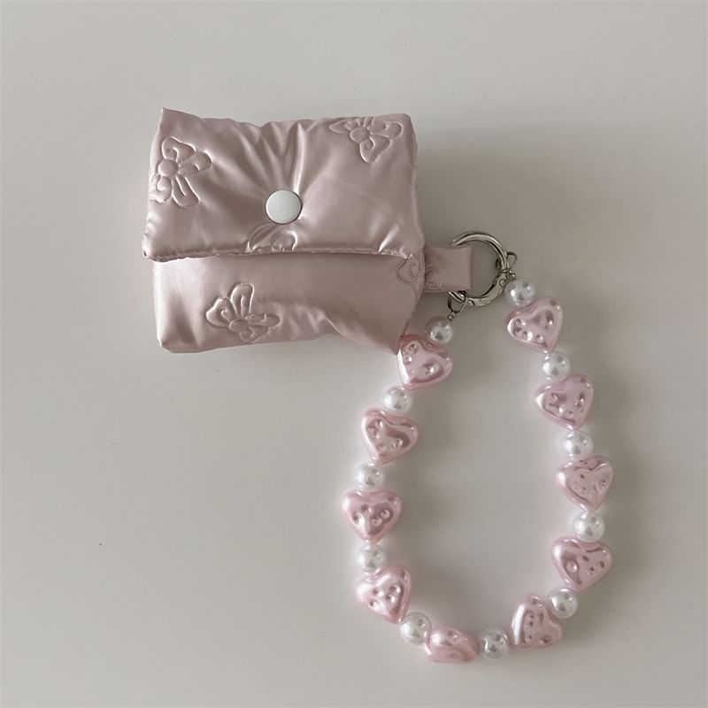 Fabric Heart Faux Pearl Strap AirPods / Pro Earphone Case Skin