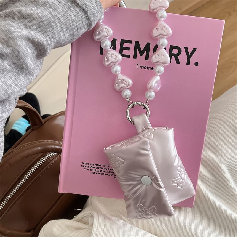 Fabric Heart Faux Pearl Strap AirPods / Pro Earphone Case Skin