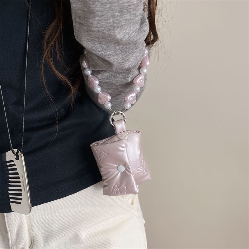 Fabric Heart Faux Pearl Strap AirPods / Pro Earphone Case Skin