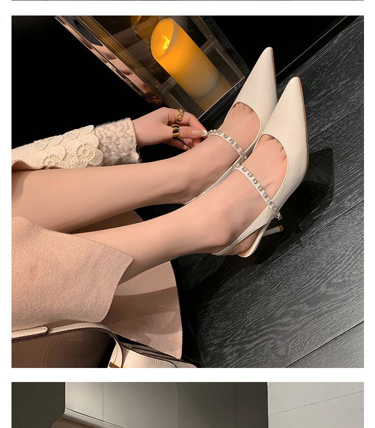 [34] Stiletto Pointed Toe Rhinestone Accent Patent Leather Slingback Sandals