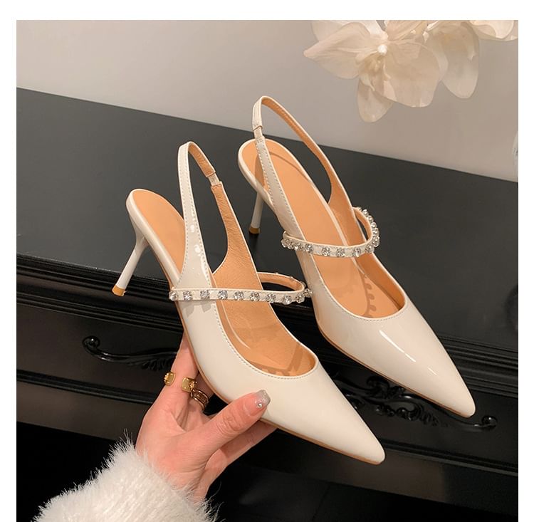 [34] Stiletto Pointed Toe Rhinestone Accent Patent Leather Slingback Sandals