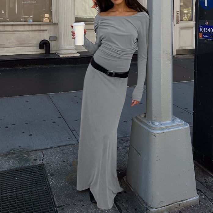 Boatneck A-Line Maxi Dress with Long Sleeves