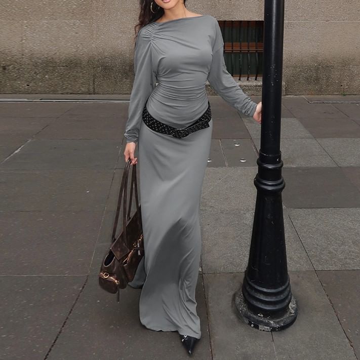 Boatneck A-Line Maxi Dress with Long Sleeves