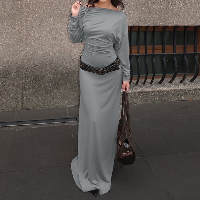 Boatneck A-Line Maxi Dress with Long Sleeves