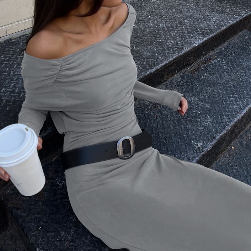 Boatneck A-Line Maxi Dress with Long Sleeves