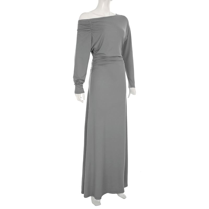 Boatneck A-Line Maxi Dress with Long Sleeves