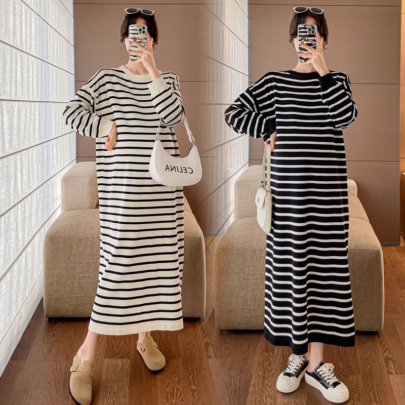 Striped Maternity Sweater Dress, Round Neck Long Sleeve