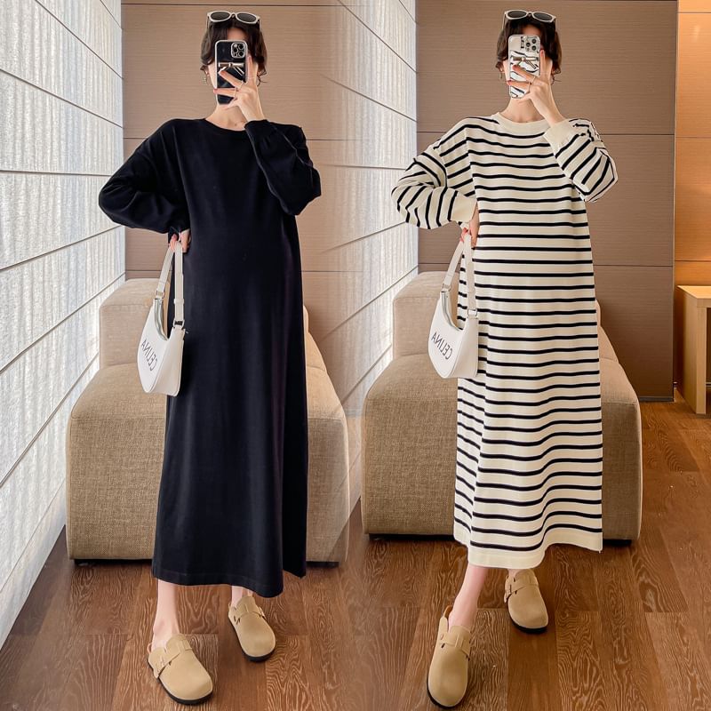 Striped Maternity Sweater Dress, Round Neck Long Sleeve