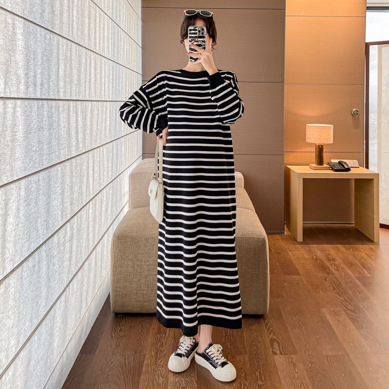 Striped Maternity Sweater Dress, Round Neck Long Sleeve
