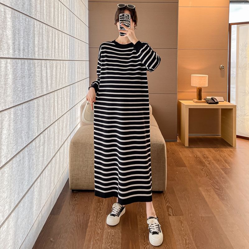 Striped Maternity Sweater Dress, Round Neck Long Sleeve