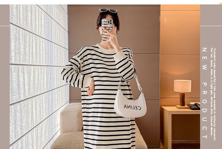 Striped Maternity Sweater Dress, Round Neck Long Sleeve