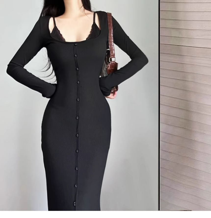 Button Down Bodycon Maxi Dress, Scoop Neck Long Sleeve