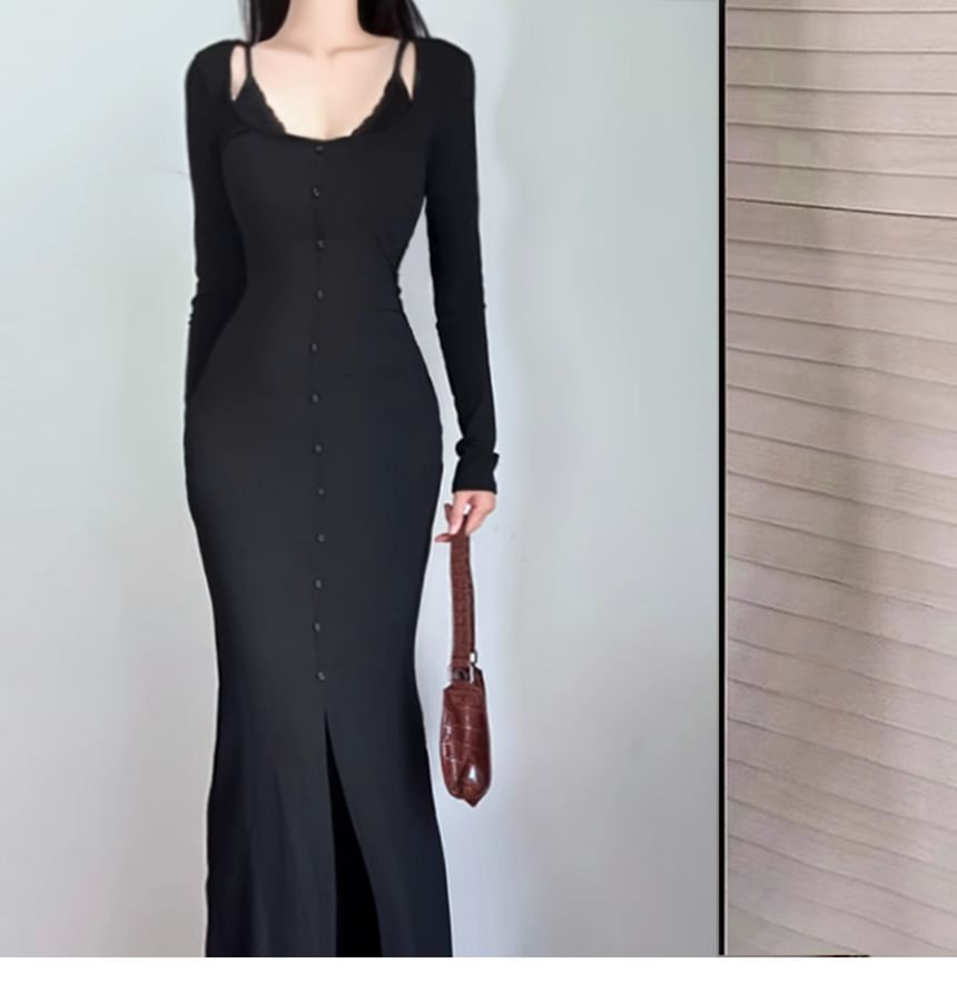 Button Down Bodycon Maxi Dress, Scoop Neck Long Sleeve