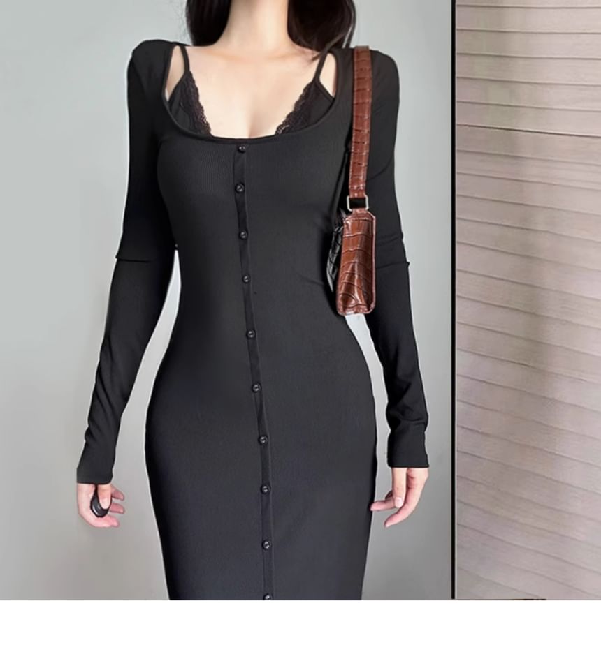 Button Down Bodycon Maxi Dress, Scoop Neck Long Sleeve