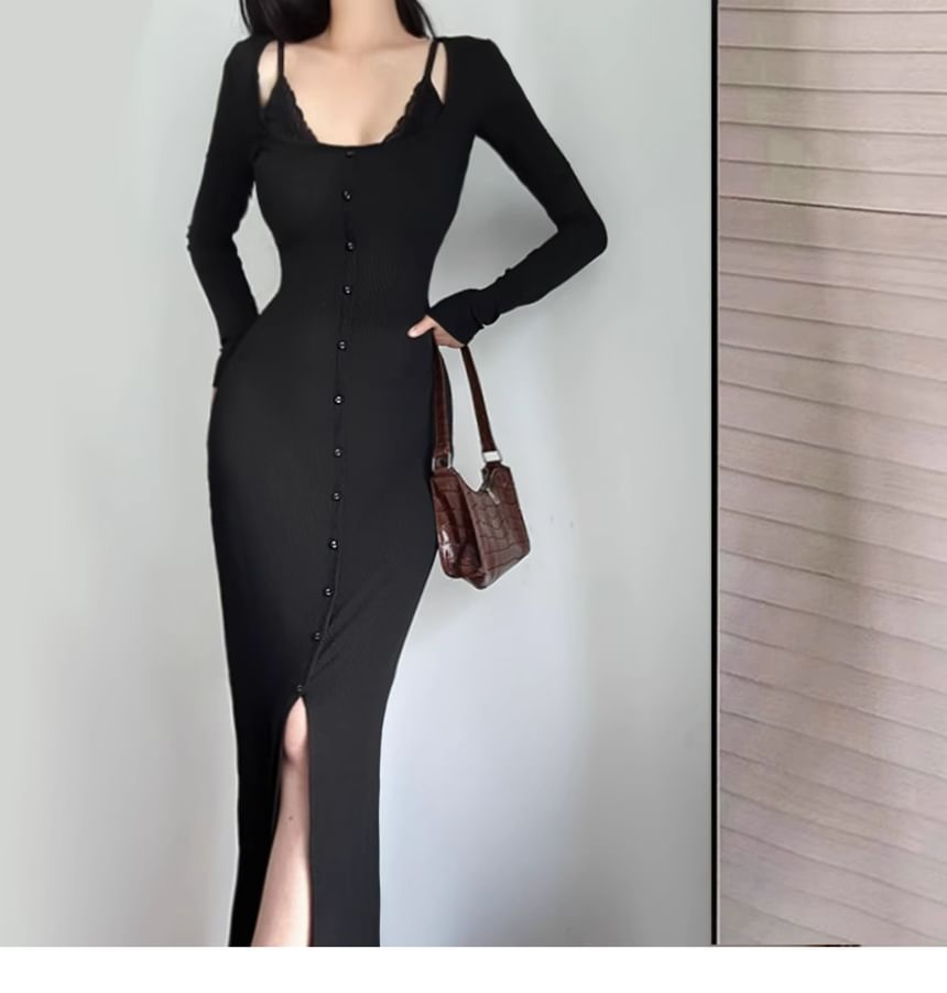 Button Down Bodycon Maxi Dress, Scoop Neck Long Sleeve