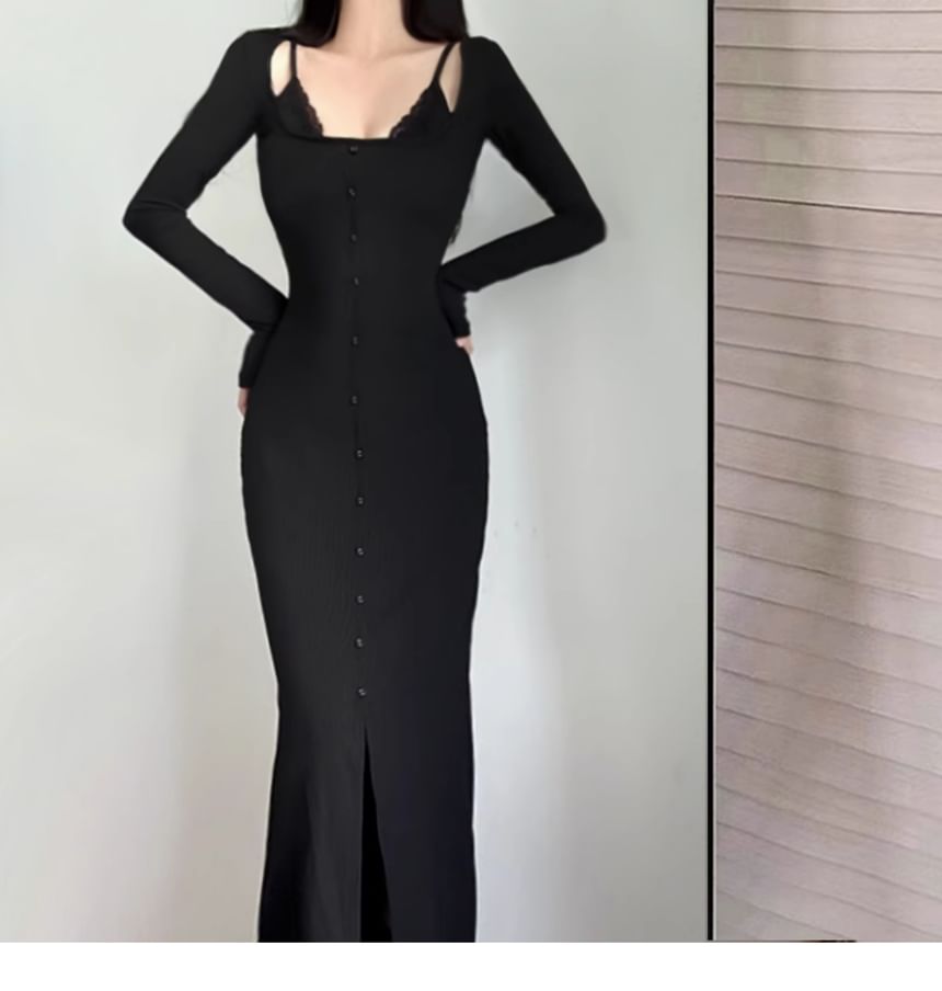 Button Down Bodycon Maxi Dress, Scoop Neck Long Sleeve