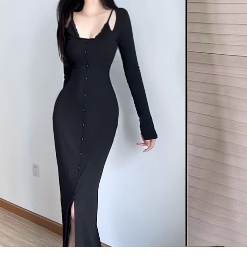 Button Down Bodycon Maxi Dress, Scoop Neck Long Sleeve