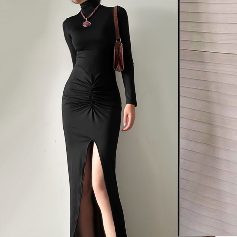Ruched Slit Turtleneck Maxi Dress, Long Sleeve