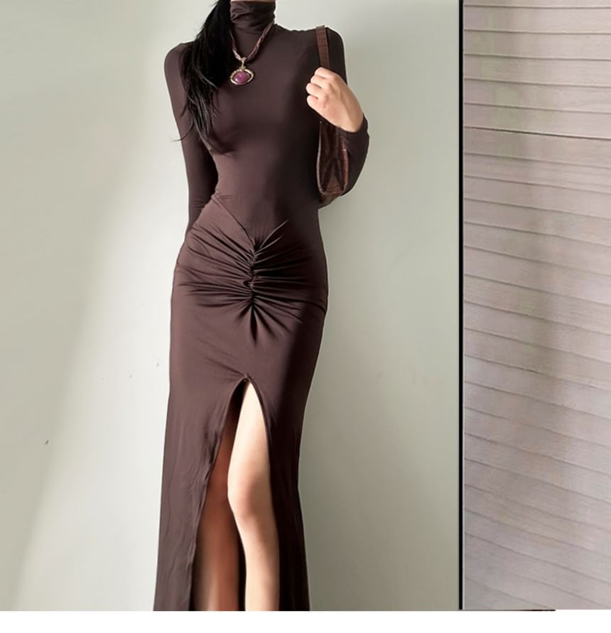 Ruched Slit Turtleneck Maxi Dress, Long Sleeve