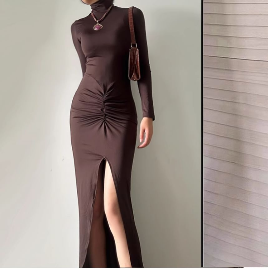 Ruched Slit Turtleneck Maxi Dress, Long Sleeve