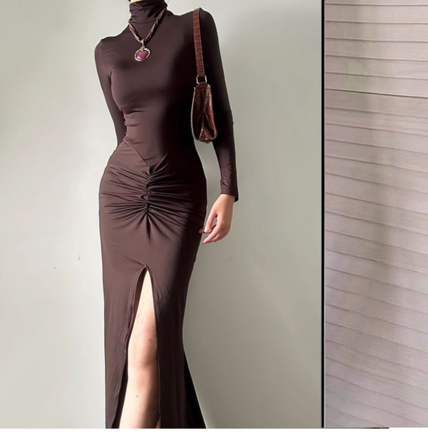 Ruched Slit Turtleneck Maxi Dress, Long Sleeve