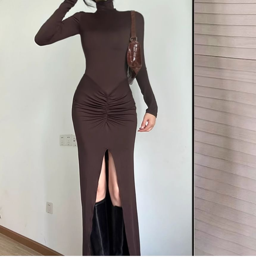 Ruched Slit Turtleneck Maxi Dress, Long Sleeve