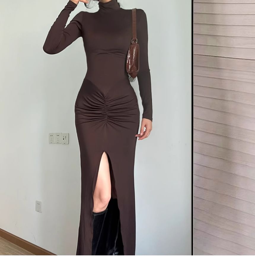 Ruched Slit Turtleneck Maxi Dress, Long Sleeve