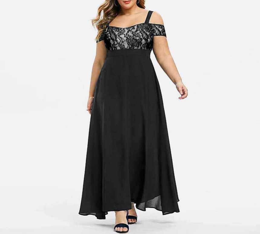 Lace Panel Maxi Dress, Cold-Shoulder Plus Size A-Line