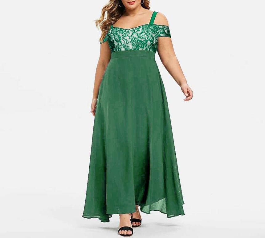 Lace Panel Maxi Dress, Cold-Shoulder Plus Size A-Line
