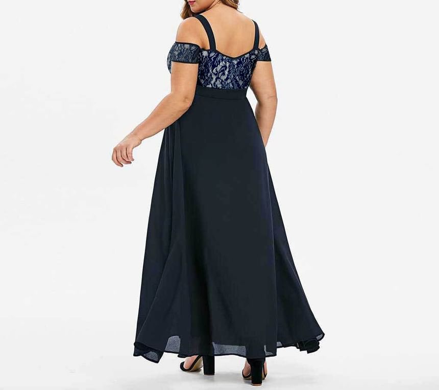 Lace Panel Maxi Dress, Cold-Shoulder Plus Size A-Line