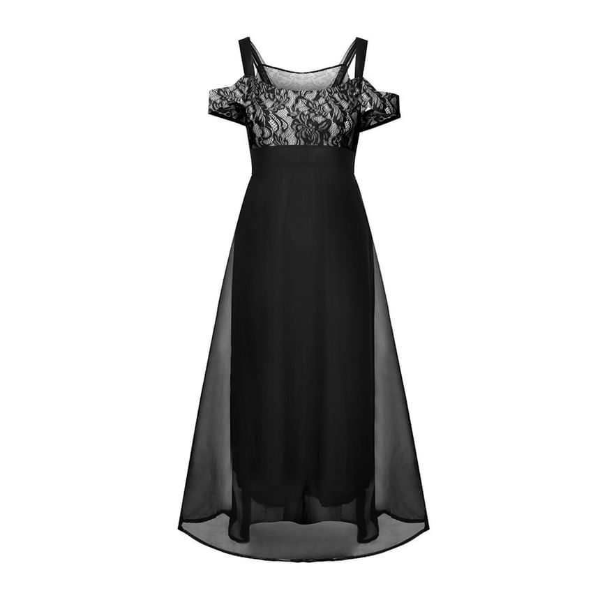 Lace Panel Maxi Dress, Cold-Shoulder Plus Size A-Line