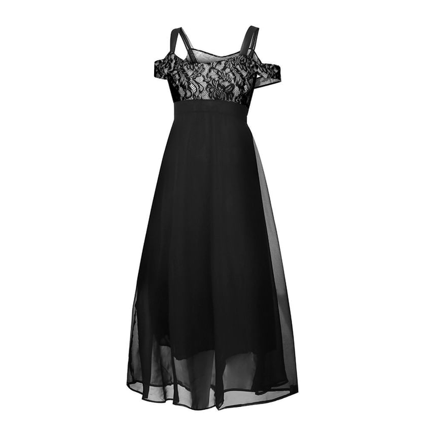Lace Panel Maxi Dress, Cold-Shoulder Plus Size A-Line