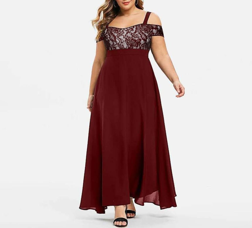Lace Panel Maxi Dress, Cold-Shoulder Plus Size A-Line