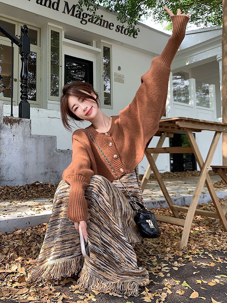 Fringed Knit Maxi Dress and Crop Cardigan Set