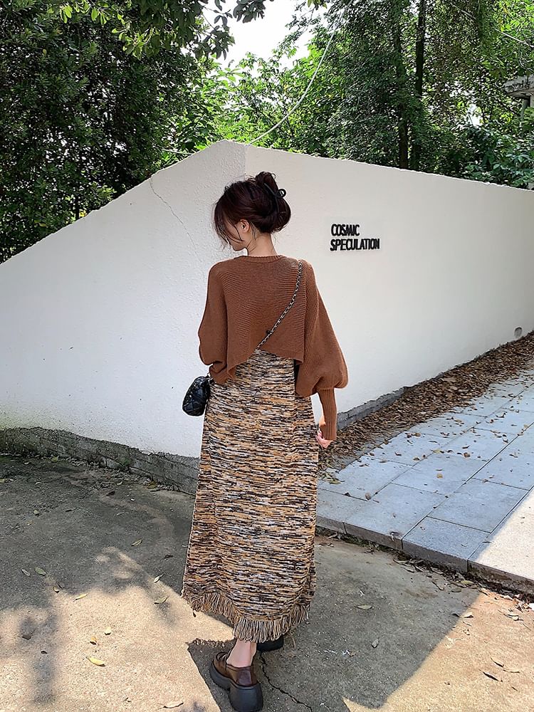 Fringed Knit Maxi Dress and Crop Cardigan Set
