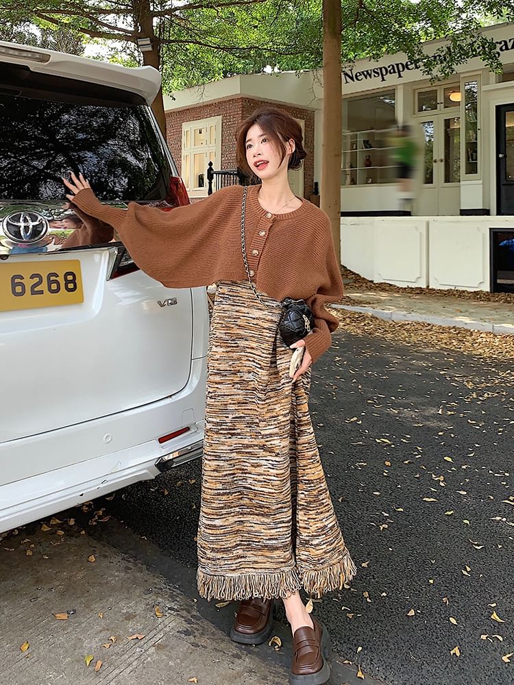Fringed Knit Maxi Dress and Crop Cardigan Set