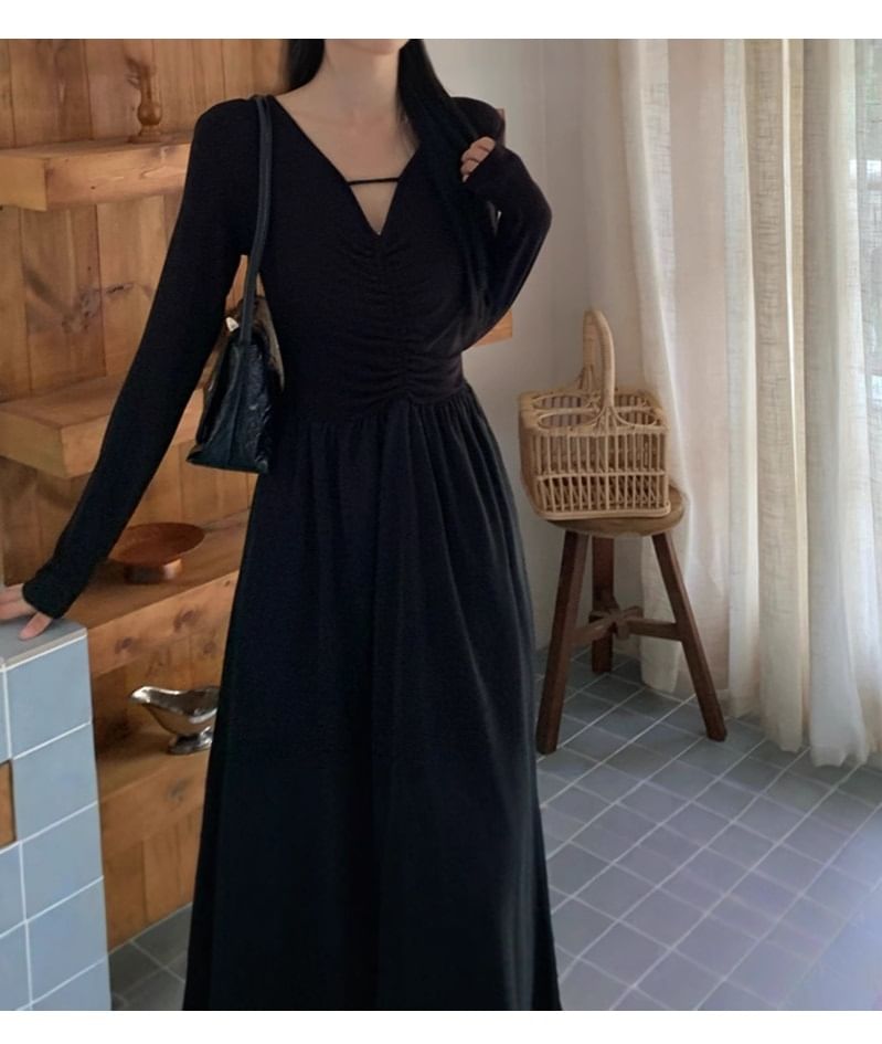 Ruched Panel V-Neck A-Line Maxi Dress, Long Sleeve