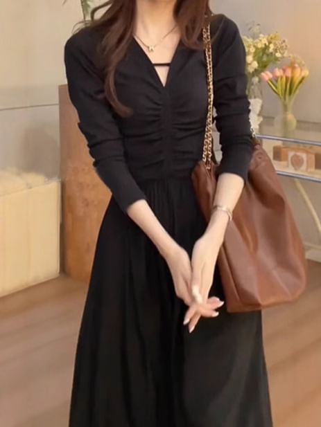 Ruched Panel V-Neck A-Line Maxi Dress, Long Sleeve