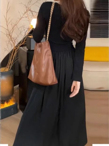 Ruched Panel V-Neck A-Line Maxi Dress, Long Sleeve