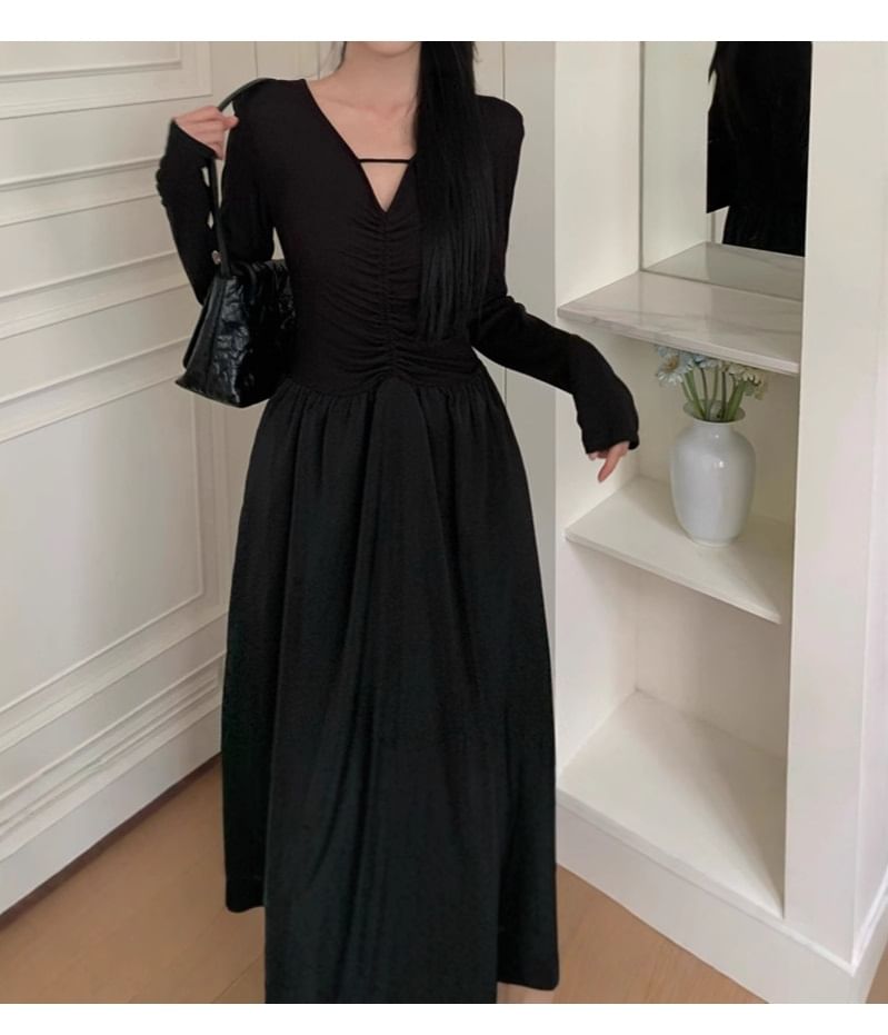 Ruched Panel V-Neck A-Line Maxi Dress, Long Sleeve