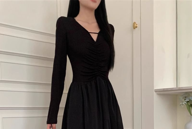 Ruched Panel V-Neck A-Line Maxi Dress, Long Sleeve