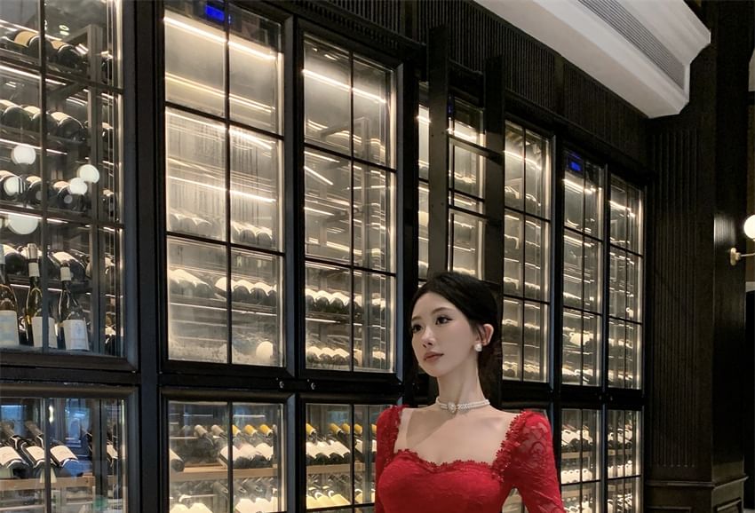 Lace Sheath Maxi Dress, Square Neck Long Sleeve