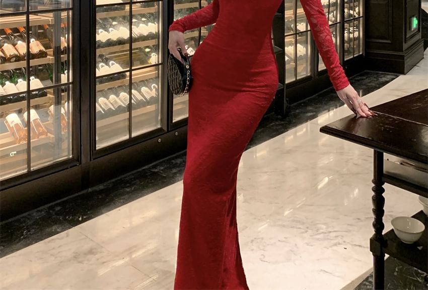 Lace Sheath Maxi Dress, Square Neck Long Sleeve
